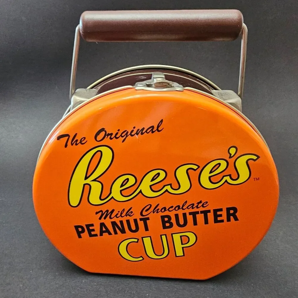 Vintage Round Reese's Peanut Butter Cup Tin with Handle, Mini Cups Around Sides